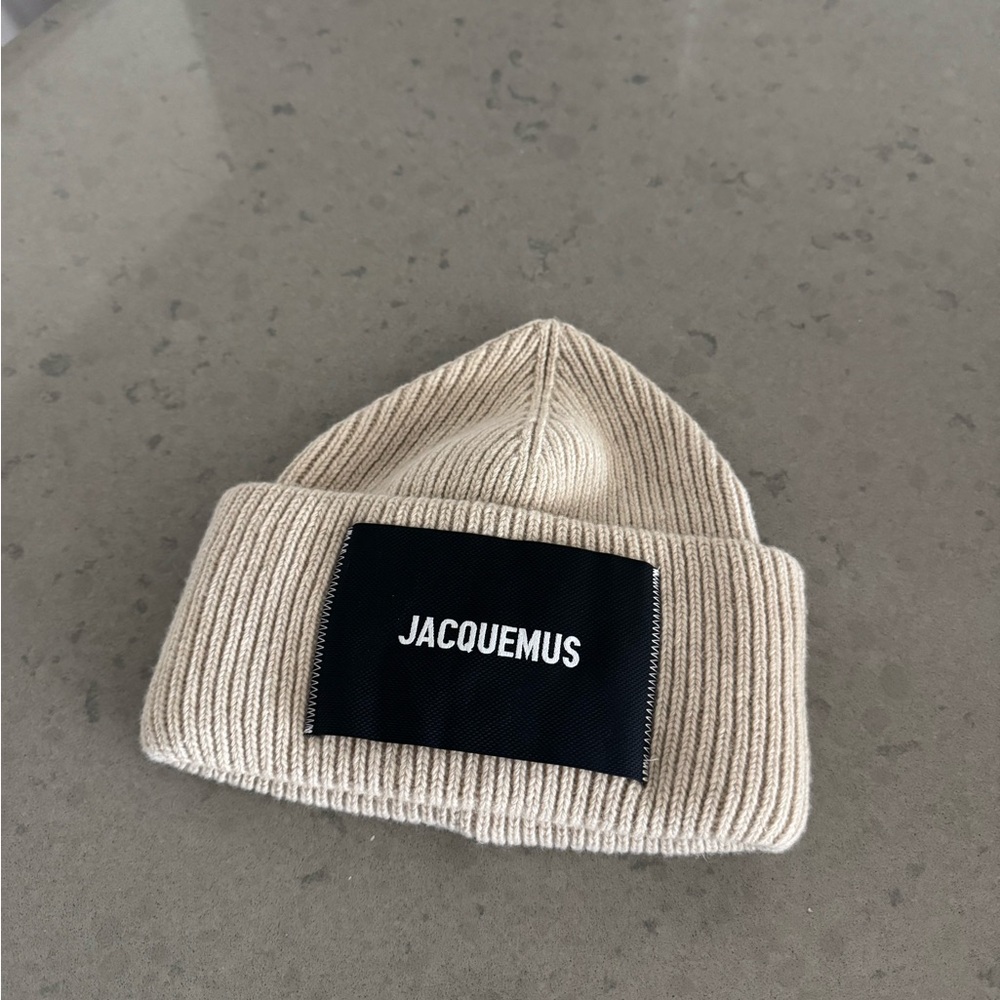 Jacquemus Cream Knit Beanie with Logo